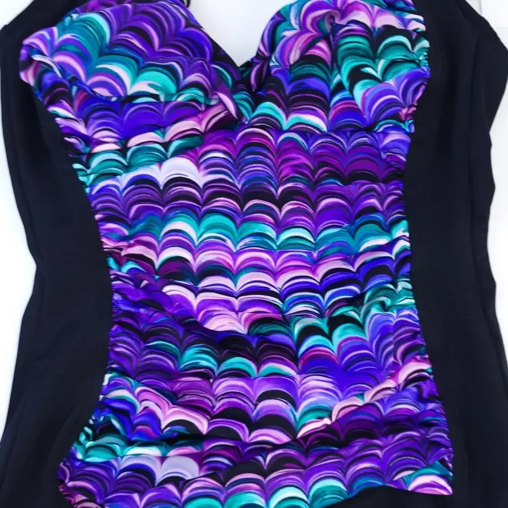 New Croft & Barrow One Piece Swimsuit Sz 10 Purple, Black Scalloped Bathing Suit